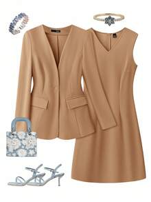 SHEIN Clasi Women's Autumn/Winter Fashion Commuter Jacket & Dress Blue Suit Set