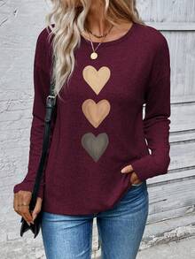 EMERY ROSE T-shirt à manches longues à col rond et épaules tombantes avec motif cœur, style décontracté et polyvalent pour femmes