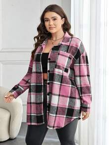 SHEIN Essnce 大码格子前扣落肩长袖休闲宽松百搭衬衫 - 玫紅色 - 查看 5