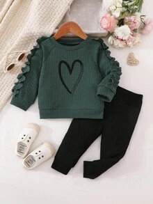 SHEIN Playful Pals 2pcs/Set Baby Girls Autumn New Ribbed Fabric Round Neck Long Sleeve Ruffle Trim Front Heart Print Casual Long Pants Simple Cute Homewear Matching Set - Multicolor - View 1