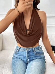 Firerie Women Solid Color Halter Neck Backless Drape Sexy Sleeveless Tank Top