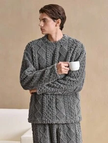 2Pcs Vintage British Style Comfortable Plush Textured Double-Sided Fleece Argyle Pattern Long Sleeve Top And Pants Men's Loungewear Set, Fall/Winter Clothes, Fluffy, Cozy - Dark Grey - View 7