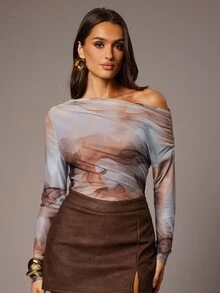 Silquee 秋冬褶皱不对称领口丝滑全印花长袖女式上衣，性感修身透明 T 恤，休闲/约会/郊游/夜店派对/聚会服装 - 彩色 - 查看 6