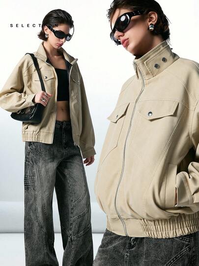 LYSMO Chaqueta casual de cuello alto de unicolor con bolsillos dobles y dobladillo elástico