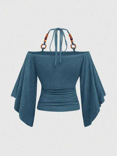 Hippie T-shirt femme à manches chauve-souris avec décoration de perles en bois, style vintage, épaules dénudées