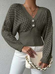 SHEIN Cottnline Women's Solid Color Hollow V-Neck Button Knitted Sweater - Army Green - View 3