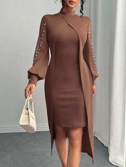 SHEIN Clasi Vestido largo de manga larga con cuello redondo elegante, decoración de burbujas y empalme de malla para mujer