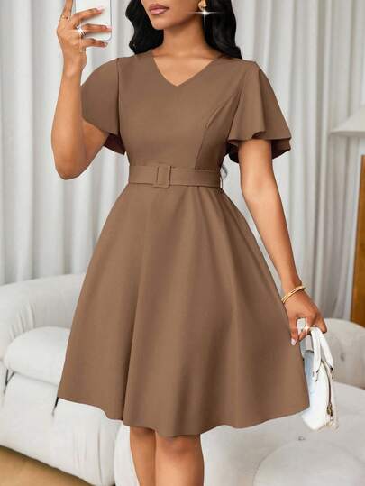 Lyxana Women's Solid Color V-Neck Tie Waist Short Sleeve A-Line Dress