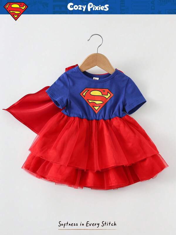 Cozy Pixies SUPERMAN X Cozy Pixies 2pcs Baby Girl Superhero Pattern Knit Soft Round Neck Short Sleeve Waist Dress With Cape Set