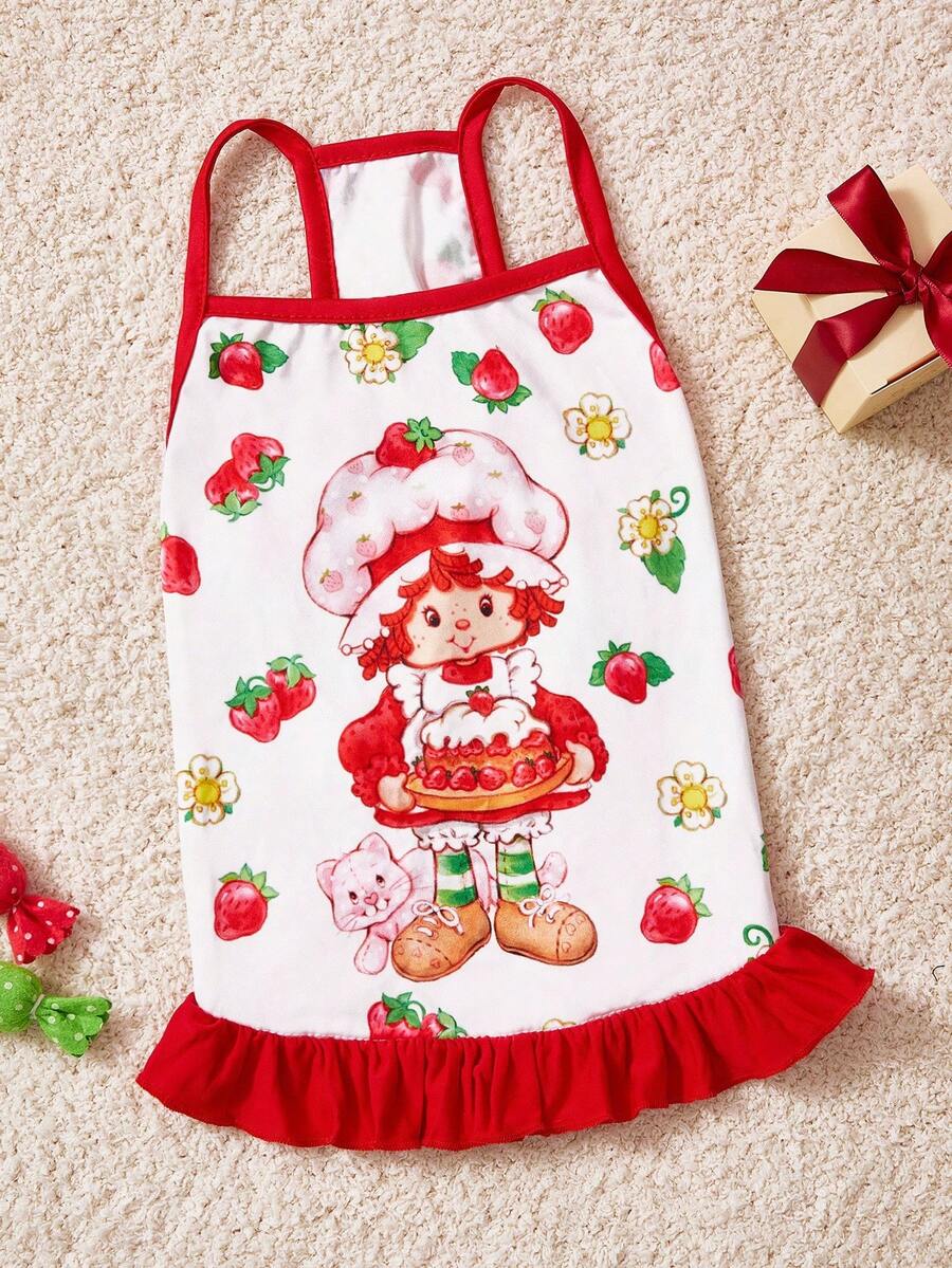 Strawberry Shortcake X SHEIN 1 chiếc váy hai dây in hình hoạt hình thú cưng, váy cho mèo/chó, cỡ XXS-XXXXL, cỡ cực nhỏ, cỡ cực lớn, họa tiết dâu tây, viền bèo nhún, ý tưởng quà tặng. - Đỏ - Xem 1