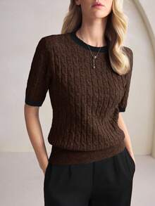 BizChic Áo len nữ cổ tròn màu be phối viền tương phản, kiểu dáng thanh lịch và sang trọng, thích hợp mặc đi làm, mặc hàng ngày, mang hơi hướng lãng mạn thập niên 90, phù hợp cho Giáng sinh, Năm mới, Ngày Valentine, tiệc tùng, đi biển, lễ tốt nghiệp, đa năng và tối giản, thích hợp cho khách dự đám cưới, chủ nhà, hẹn hò, dự tiệc, buổi hòa nhạc, bữa ăn sáng muộn, sân bay, kỳ nghỉ. - màu nâu - Xem 2