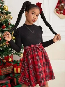 SLAYR KIDS Tween Mädchen Ribbed Knit Karomuster Patchwork Rundhals Gürtel Eng anliegendes Langarm Kleid, geeignet für Weihnachten, Silvester Party, Schulanfang, Preppy Stil, Valentinstag