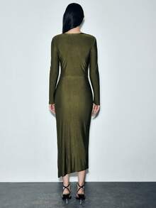 Lumivelle 女士优雅开叉扭纹腰长袖连衣裙，高端修身时尚外观 - 綠色 - 查看 2