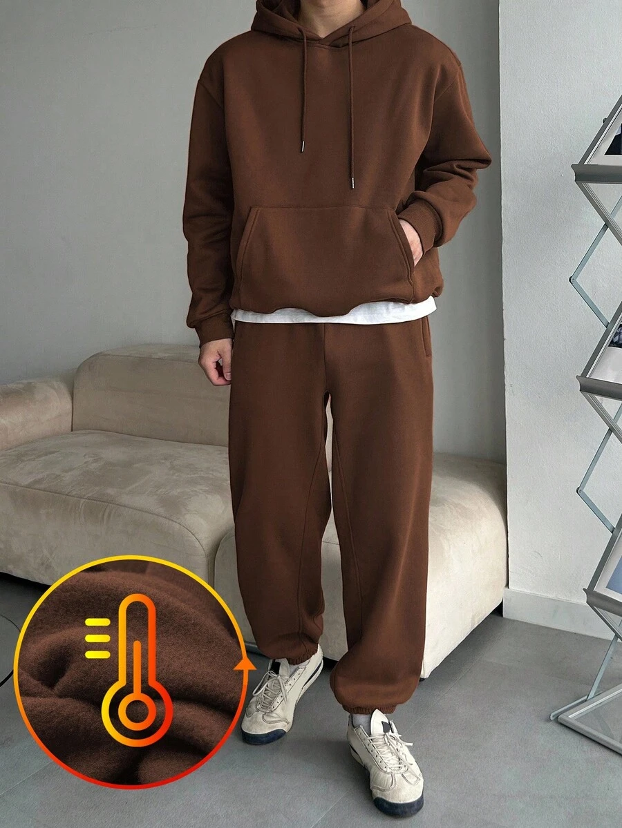 DAZY 男士纯棕色保暖连帽卫衣套装，秋冬季保暖款 - 棕色 - 查看 1