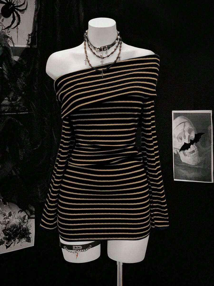 SHEIN Unity Women's Fashionable Black And Gray Striped Long Sleeve Dress - Multicolor - View 1