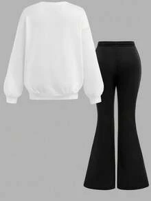 SHEIN 女童熊印花圆领长袖运动衫和紧身裤套装 - 黑與白 - 查看 3