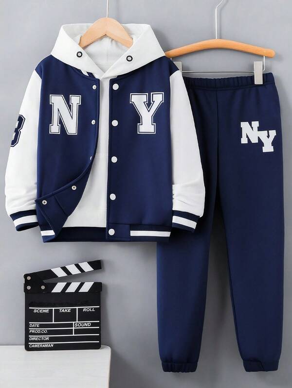 SHEIN 2 Stücke/Set Teenager Jungen Retro Amerikanischer Buchstaben Grafik Baseball Jacke und Jogginghose Outfit