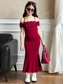 SHEIN 青少年女孩优雅串珠露肩细肩带合身褶饰美人鱼长款派对连衣裙，儿童正式连衣裙，红色圣诞/万圣节连衣裙 - 酒紅色 - 查看 7