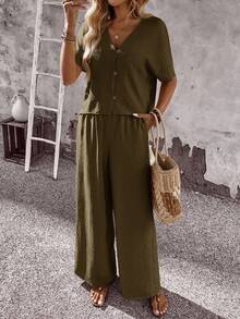 EMERY ROSE Women's Solid V-Neck Short Sleeve Button Front Blouse And Loose Fit Pants 2 Pieces Set - Brown - View 1