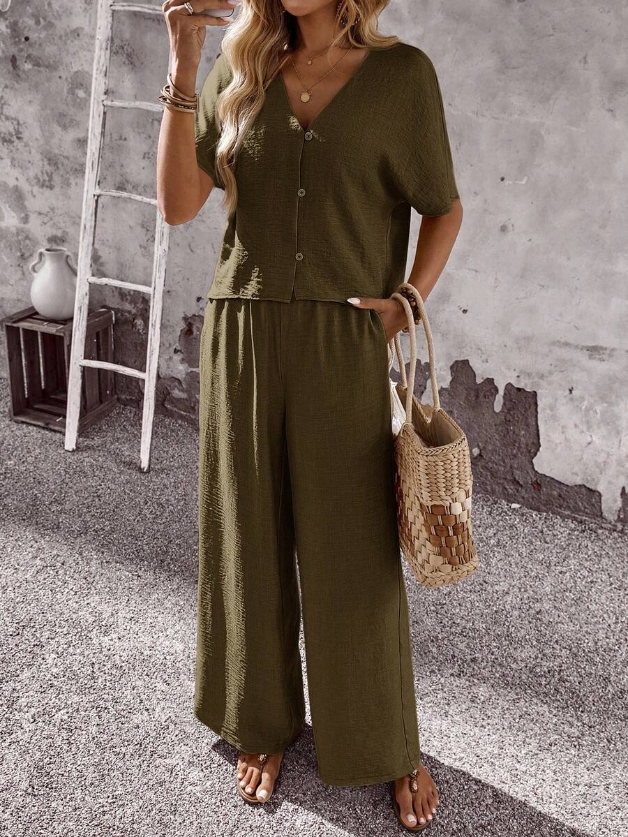 EMERY ROSE Women's Solid V-Neck Short Sleeve Button Front Blouse And Loose Fit Pants 2 Pieces Set - Brown - View 1