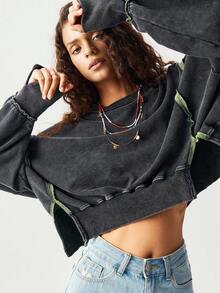 Bohemela 大码撞色镶边圆领做旧图案长袖套头衫女式秋冬装 - 黑色 - 查看 9