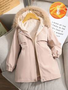 Sparklyn 年轻女孩时尚厚实保暖内衬优雅简约时尚蓬松领长款户外派对外套，卡其色