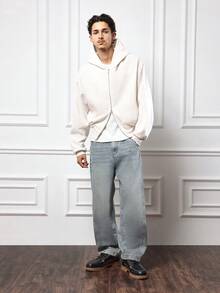 SUMWON 锥形阔腿牛仔裤，前后接缝，休闲直筒剪裁，撞色缝线，经典工装，秋冬 - 中等水洗藍 - 查看 3