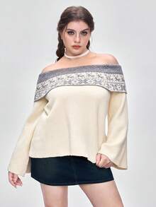 ROMWE Kawaii Sweater Natal Ukuran Besar dengan Motif Fair Isle Model Bahu Terbuka - Krem - View 6