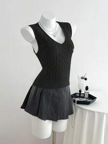 Elamini Casual Versatile Cable Knit Sweater Vest - Black - View 6