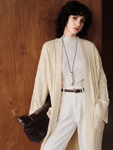 Uhlyne 女士时尚口袋线休闲长袖针织开衫，秋冬 - 杏色 - 查看 6