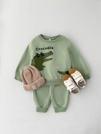 THE HAPPY LOOK 2pcs/Set Young Boy Cartoon Dinosaur Pattern Knitted Soft Crew Neck Long Sleeve Pullover Sweatshirt And Elastic Waist Pants
