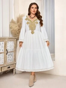 EMERY ROSE Váy dài tay cổ chữ V viền bèo nhún cỡ lớn - trắng - Xem 6