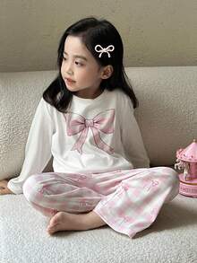 SHEIN 2 件套兄弟姐妹/亲子搭配休闲格子蝴蝶结图案圆领短袖 T 恤和宽松裤子睡衣套装,适合夏季 - 粉色 - 查看 5