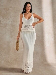 EURMUSE Conjunto de 2 peças de blusa de malha com detalhes vazados e saia de suéter de cor sólida para mulheres - Creme - Ver 4