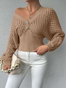 SHEIN Cottnline Women's Simple Commuter Hollow Out Button Decor Knit Sweater, Autumn/Winter - Mocha Brown - View 5