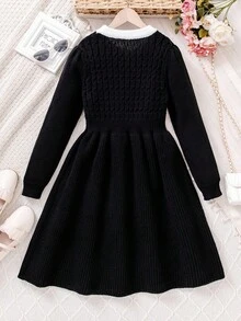 秋冬校园风大童蝴蝶结麻花针织毛衣裙，腰部收紧舒适贴身，亲肤防静电针织连衣裙 - 黑色 - 查看 2