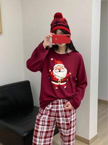 青少年女孩圣诞圣诞老人印花牛奶丝勃艮第圆领长袖上衣 + 全身勃艮第格子宽松舒适两件套睡衣套装，圣诞红格子裤套装，圣诞主题 - 酒紅色 - 查看 1