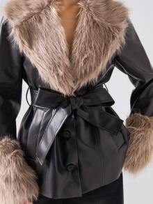 LYSMO 2025秋冬新款简约休闲女式仿毛领长袖PU黑色皮衣常规款外套秋冬外出 - 黑色 - 查看 6