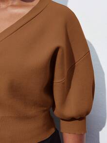 Maija Plus Size Women V-Neck Drop Shoulder Short Sleeve Casual Cropped Cardigan Knit Top, Versatile For Urban Commute, Business Casual, Elegant Outfit