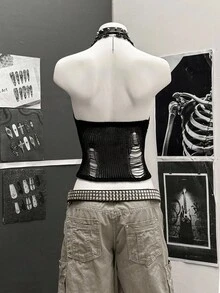 StreetHx Streetwear Women's Solid Black Hollow Out Crochet Sleeveless Knit Top - Black - View 2