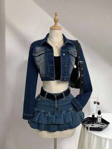 Elamini Women's Casual Fashion Street Snap Flap Pocket Cropped Denim Jacket, Spring/Autumn - Blue - View 3