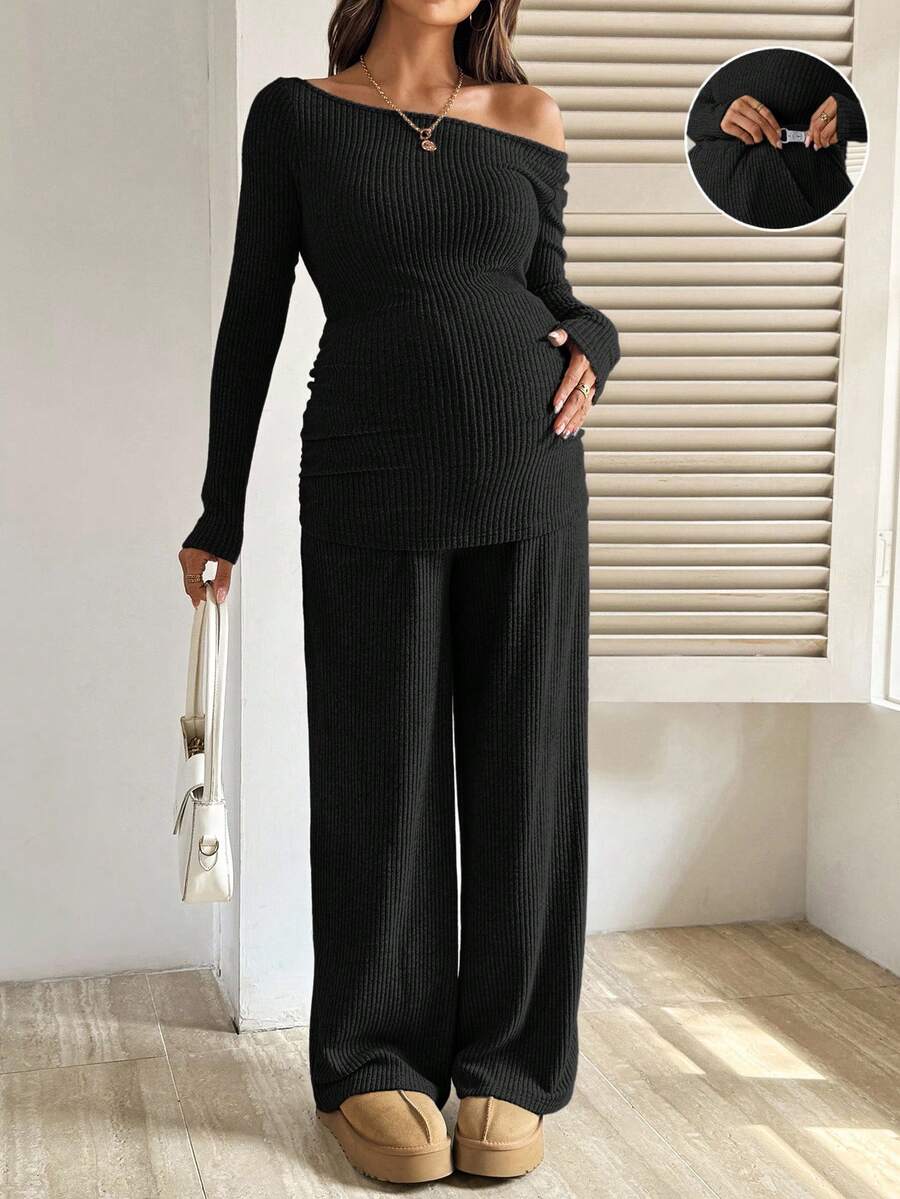 SHEIN 2件組孕婦休閒簡約斜肩上衣可調式黑色長褲針織套裝,秋季正式俐落晚裝居家服,適合女性拍照穿著 - 黑色 - 查看 1