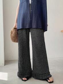 FRIFUL Women's Solid Dark Gray Ribbed Texture Flared Casual Pants, Versatile For Autumn - Dark Grey - View 4