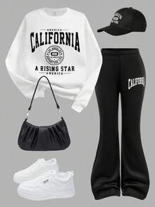 SHEIN 女童熊印花圆领长袖运动衫和紧身裤套装 - 黑與白 - 查看 1