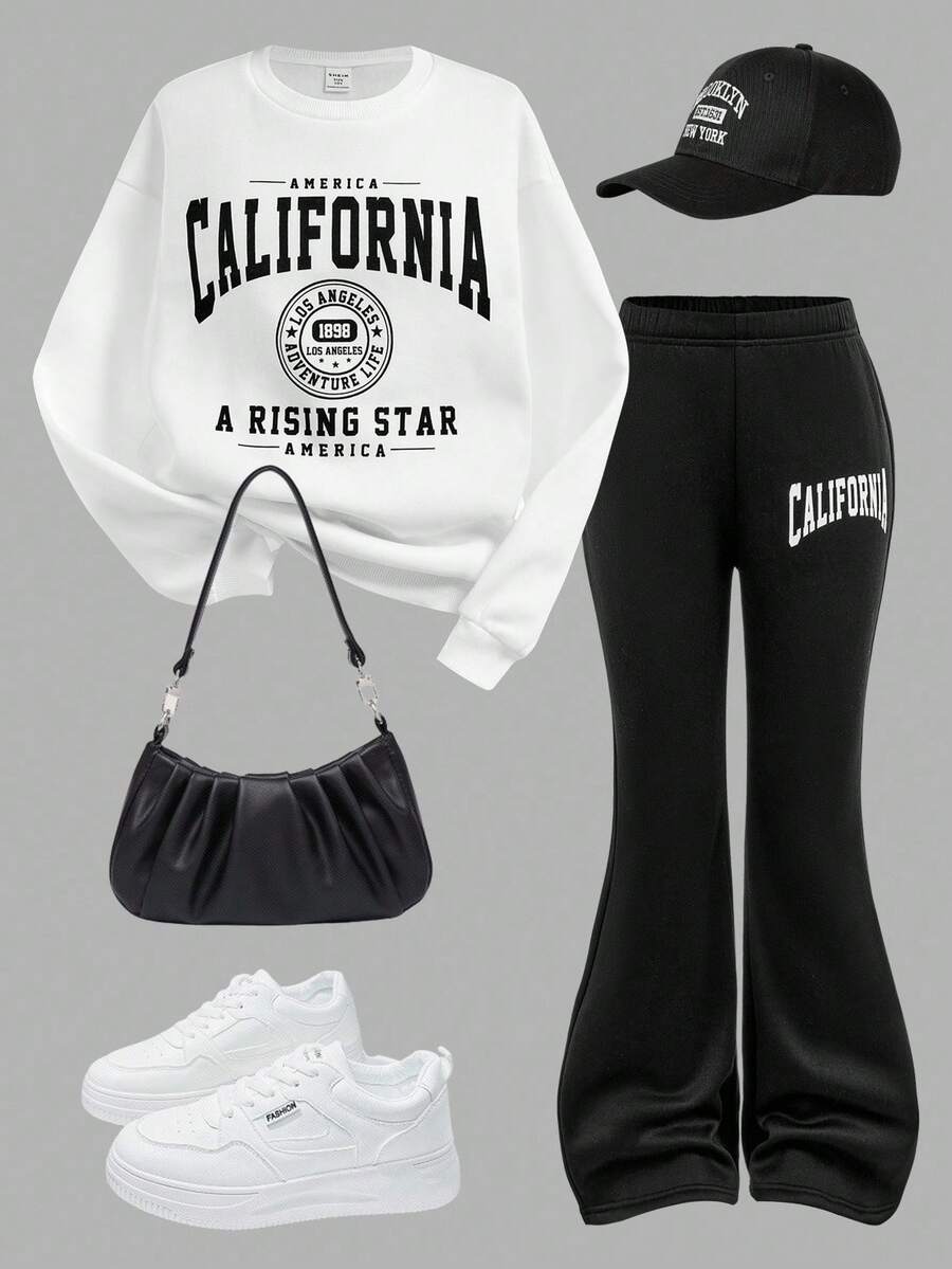 SHEIN 女童熊印花圆领长袖运动衫和紧身裤套装 - 黑與白 - 查看 1