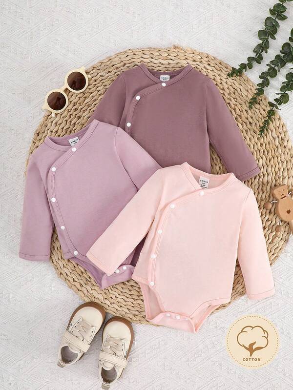 SHEIN Playful Pals Newborn Baby Girls/Boys White Solid Color Crossed Collar Comfortable Cute Fun Elegant Simple Fashion Soft Long Sleeve Elastic Bodysuit Outfit Set