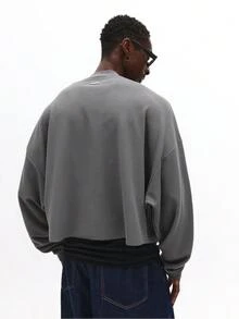 SUMWON Sudadera corta ajustada de textura premium con cuello redondo, paneles laterales acanalados, esencial clásica de otoño e invierno, ropa casual de calle - Gris Oscuro - Ver 2