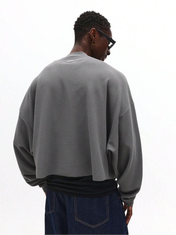 Textured Crew Neck Sweatshirt With Ribbed Panels