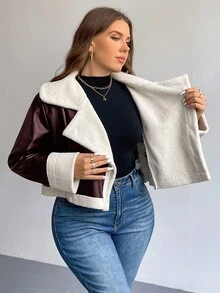 SHEIN Privé Plus Size Fashionable Windproof PU Leather Teddy Fleece Lining Contrast Color Short Loose Fit Women Black Jacket, Autumn/Winter