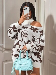 Slaydiva 秋冬新品，优雅派对、约会、休闲外出、居家聚会、返校季、复古宽松撞色抽象图案单肩露肩立领针织衫，大码女款 - A - 彩色 - 查看 2